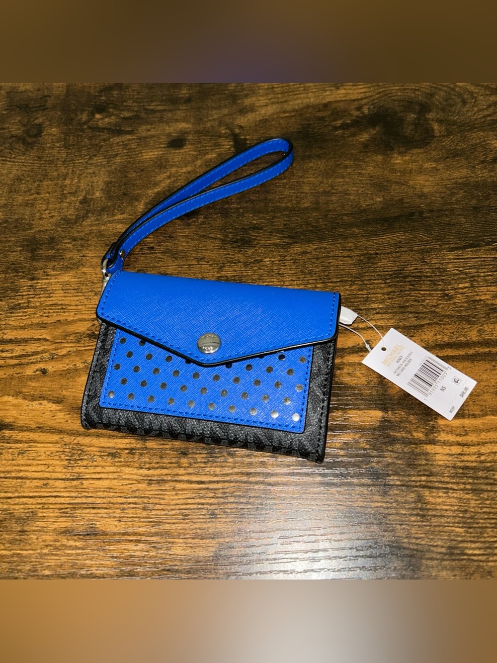Michael Kors Logo Blue Black Wristlet Wallet Card Holder Medium Size NWT